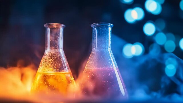 Science beakers with colorful solutions and vapor in a laboratory