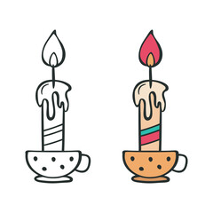 Holiday candle icon set. Outline black marker ink contour, cute coloured doodle sketch style, hand drawn blob stroke line. Festive banting party graphic web design. Vector illustration