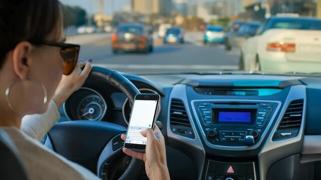 Female driver texting on smartphone while driving car in urban traffic dangerous distraction road safety risk using mobile device - Powered by Adobe