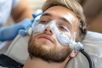 Young Man Receiving Facial Treatment with Protective Mask