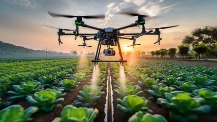 A agricultural drone spraying crops at sunrise smart farming precision agriculture technology modern farm innovation sustainable food production - Powered by Adobe