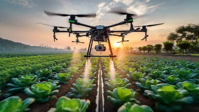 A agricultural drone spraying crops at sunrise smart farming precision agriculture technology modern farm innovation sustainable food production