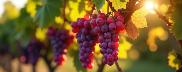 Sun-Ripened Grapes Hanging Heavy on the Vine, Ready for Autumn Harvest. Lush Foliage and Vibrant Colors Depict the Abundance of the Seasons Bounty in the Picturesque Countryside.