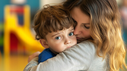 A kind and gentle preschool teacher comforting a sad child, giving a warm hug, emotional and heartwarming scene