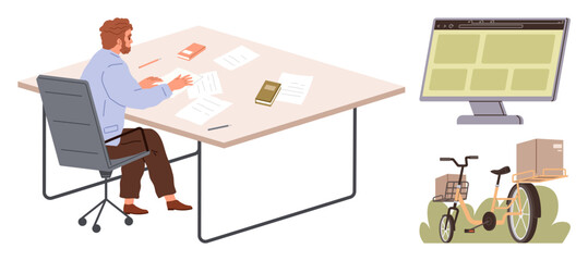 Man studying papers at desk surrounded by books, computer displaying website layout, cargo tricycle with packages in greenery. Ideal for business, e-commerce, logistics, planning, mobility