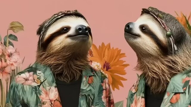 Stylish Sloth Posing in Floral Shirt Against Pale Pink Backdrop