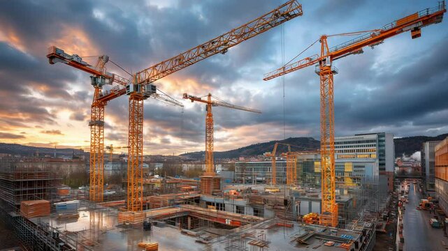 Tower cranes rise above a large construction site at sunset surrounded by modern buildings and steel structures symbolizing progress development and the growth of urban infrastructure
