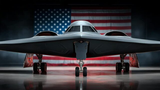 An American B-2 Spirit stealth bomber standing in front of a large waving United States flag symbolizing military power and national pride
