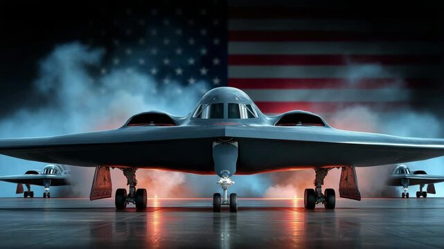An American B-2 Spirit stealth bomber standing in front of a large waving United States flag symbolizing military power and national pride