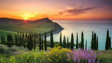 Enjoy a breathtaking sunset over the idyllic Tuscan landscape, with cypress trees and rolling hills.