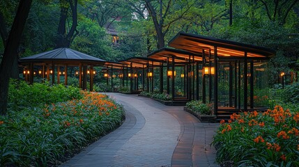 Obraz premium Tranquil garden path with illuminated shelters.