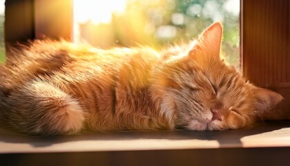 fluffy ginger cat napping in sunbeam by window