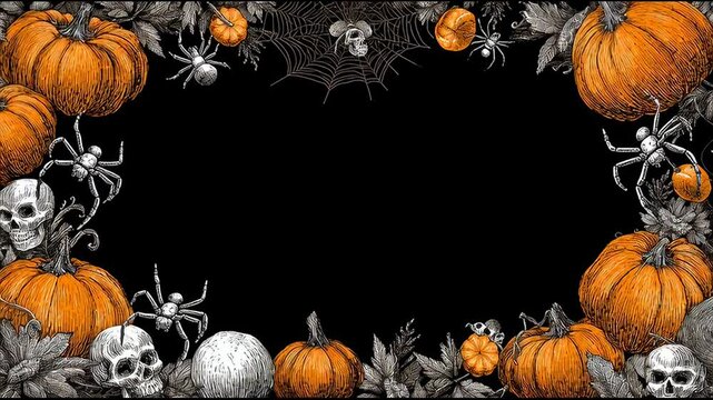 Animated Halloween Border with Pumpkins, Skulls, Spiders, and Webs