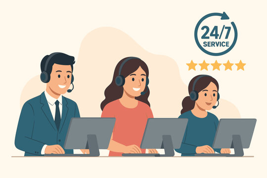 Call center customer service concept. Hotline operators team with headsets consulting clients. 24/7 online technical support staff working at computers. Five star satisfaction rating.