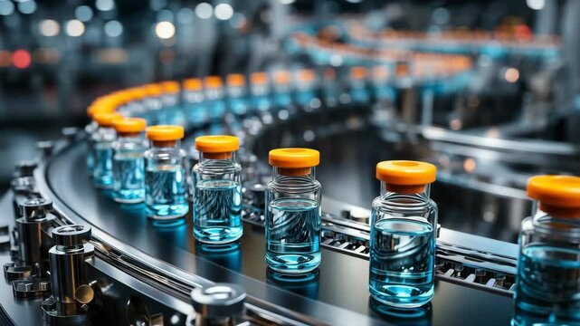 Glass vials filled with liquid moving along an automated production line in a pharmaceutical factory symbolizing vaccine development and modern medical manufacturing