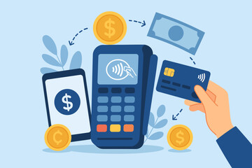 Contactless payment concept with hand holding a credit card at a POS terminal. Vector illustration of a financial transaction using NFC technology for a non-cash payment system.