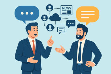 Business communication concept. Two businessmen characters discuss social network, online news, media. Dialogue with speech bubbles. Digital marketing and networking collaboration. Flat vector.