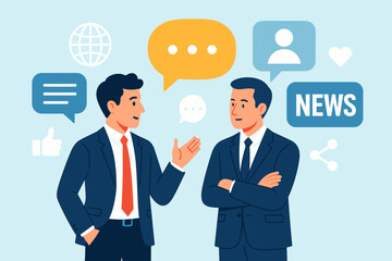 Businessmen discussing social media news and communication. Two colleagues talking with chat bubbles. Vector illustration concept for networking, dialogue, global business, and online media.