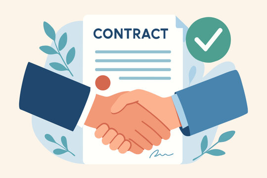 Business partnership concept with a handshake over a signed contract. Successful cooperation and agreement metaphor. Vector illustration of a deal confirmation with an approval icon.
