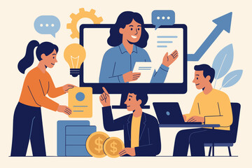 Business team collaboration in a virtual meeting. Online project management, brainstorming, and financial strategy. Concept for investment, performance, and company growth. Vector.