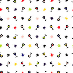 Party Glasses Seamless Pattern – Colorful Wine Glasses & Sparkles on White Background 
