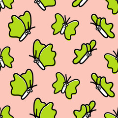 Smiley Butterfly Seamless Pattern – Cute Lime Green Cartoon Butterflies on Pink Background 