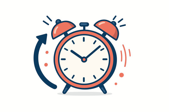Alarm clock ringing vector illustration. Time management, deadline, urgency and schedule concept. Morning wake up call. Arrow for daylight saving time change, rewind, time back.