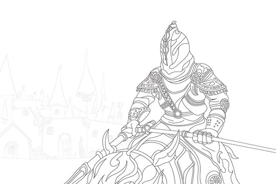 A warrior on a horse, armored, leading a shadowy army.
