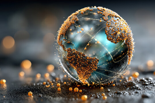 Shattered glow globe amid digital sparks