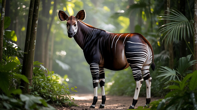 A okapi stands in a lush forest.
