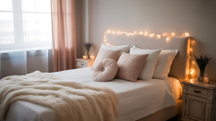 Fototapeta premium Cozy bedroom with warm lighting and soft bedding. 