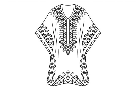 Ornate, flowing kaftan with intricate, decorative embroidery.
