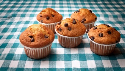 four chocolate chip muffins on checkered tablecloth studio still life