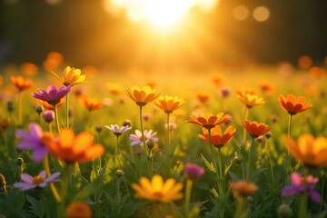 Fototapeta premium Golden hour sunlight illuminates a field of vibrant wildflowers, radiating joy and serenity Perfect for themes of well-being, optimism, and summer bliss , growth, happiness, summer