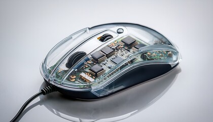 a transparent computer mouse showing internal circuit board on a white surface in a studio shot