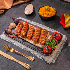 Grilled Kofta Kebab Platter with Rice and Sides