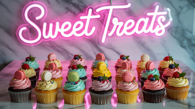 Colorful cupcakes and macarons, sweet treats displayed.
