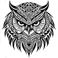 Owl face with symmetric tribal pattern, dark silhouette, vinyl-ready and tattoo-style graphic