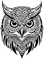 Owl face with symmetric tribal pattern, dark silhouette, vinyl-ready and tattoo-style graphic