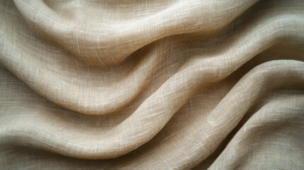 Close up of beige linen fabric with soft folds and natural texture, creating calm and elegant atmosphere, perfect for home decor or fashion design
