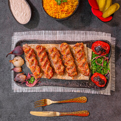 Grilled Kofta Kebab Platter with Rice and Sides