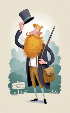 The cartoon gentleman tips his hat in a cheerful greeting with a shotgun