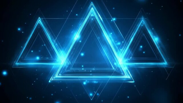 Three glowing blue triangles float in a dark space background.