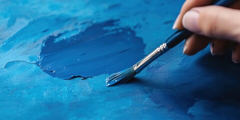 A Closeup View of a Brush Expertly Applying Vibrant Blue Paint onto a Canvas Surface