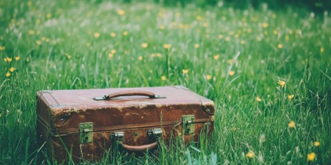 A Vintage Suitcase Positioned on Lush Green Grass in the Heart of Natures Beauty