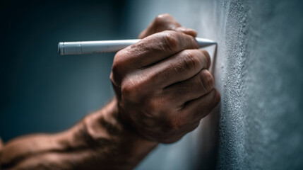 A man is writing on a wall with a white marker