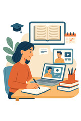 Online education distance learning concept. Student studying at home with laptop, virtual classroom, video lessons, digital textbooks, exam preparation, e-learning, remote school illustration