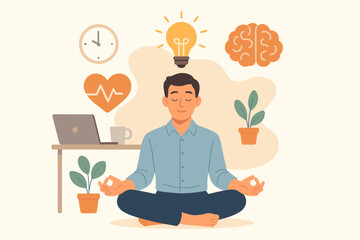 Office meditation concept with a man practicing yoga for stress relief. Employee wellness, mental health, and mindfulness at work. Work-life balance for calm and new ideas.