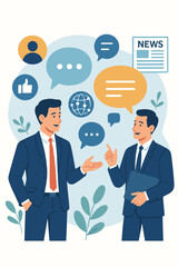 Businessmen Communication and Social Media Networking Concept. Corporate Discussion, News Exchange, Speech Bubbles, Online Dialogue, Social Network Interaction, Flat Vector Illustration