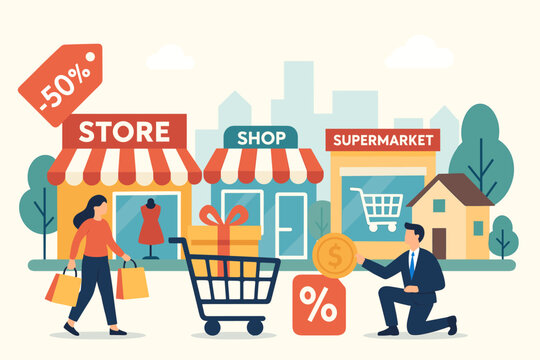 Modern flat vector illustration of city shopping street with store, shop, supermarket, discount sale, gift purchase, real estate investment, people buying goods, retail commerce, urban lifestyle - Powered by Adobe
